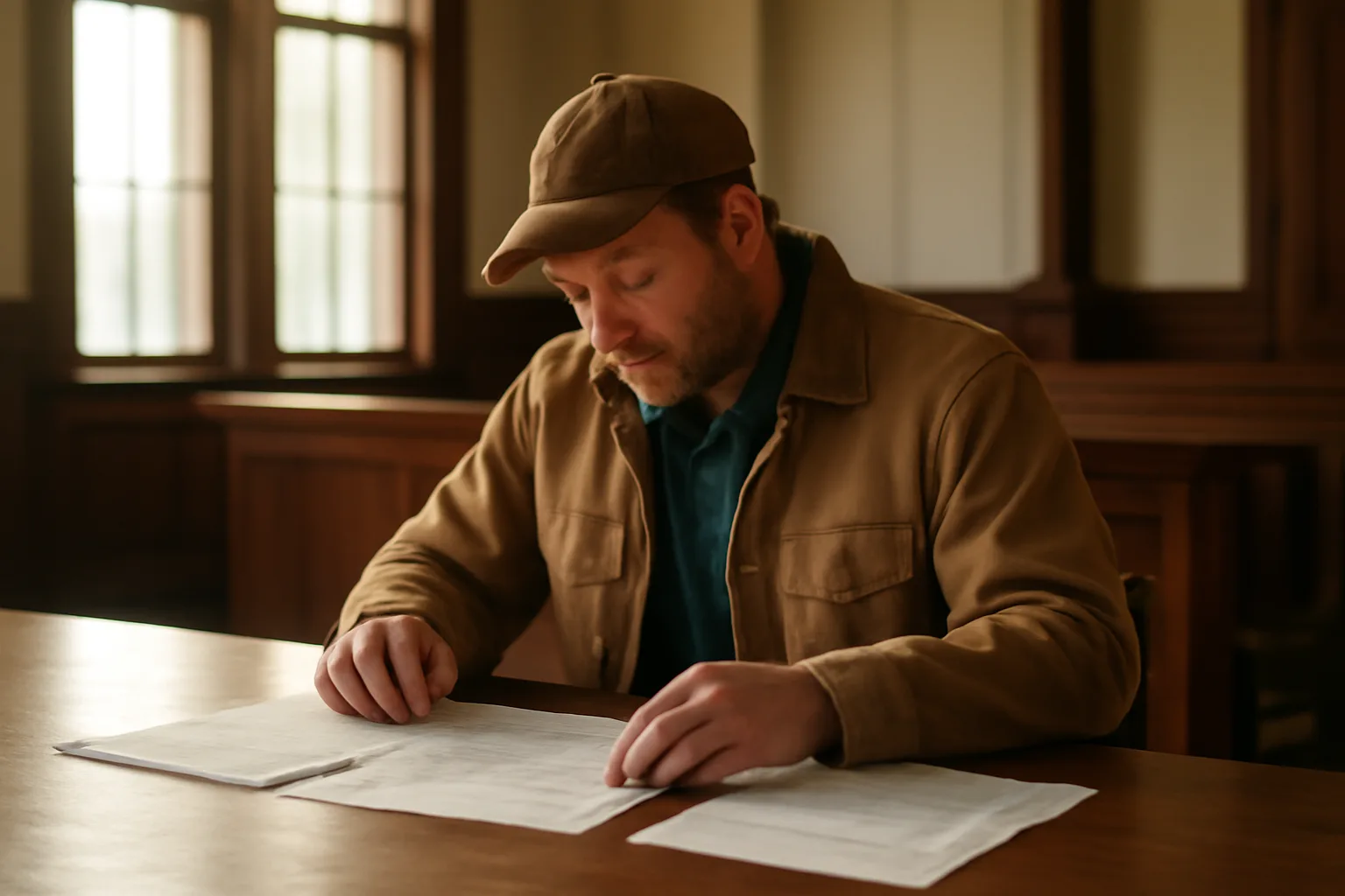 Landman reviewing deed records on table inside Alabama probate courthouse