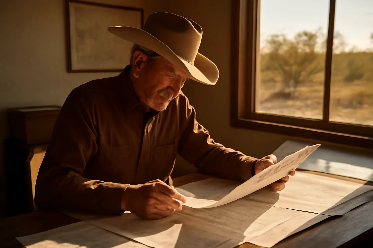 Landman reviewing paper land records on a wooden desk in an Arizona office