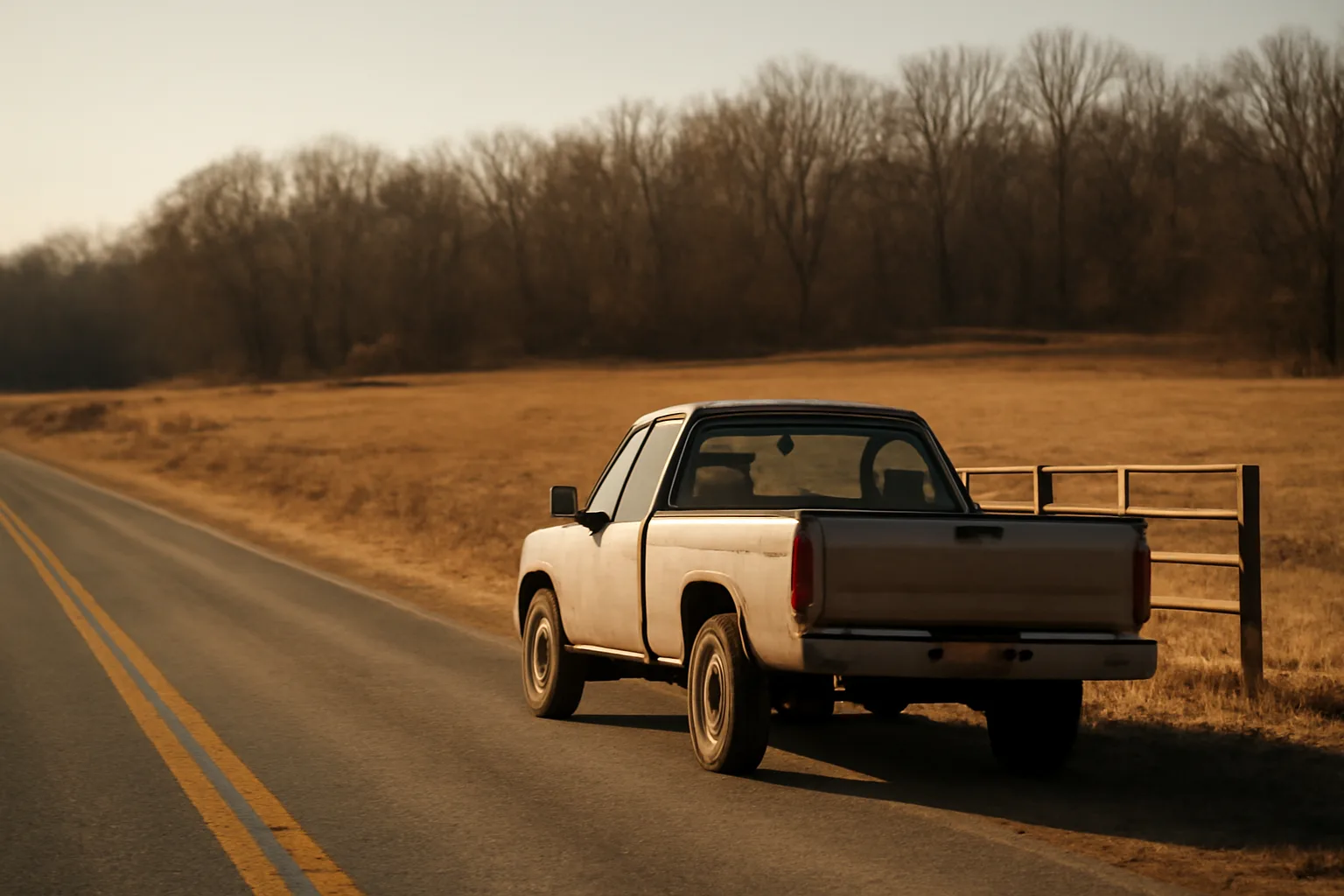 Pickup on an Arkansas lease road during a landman title day