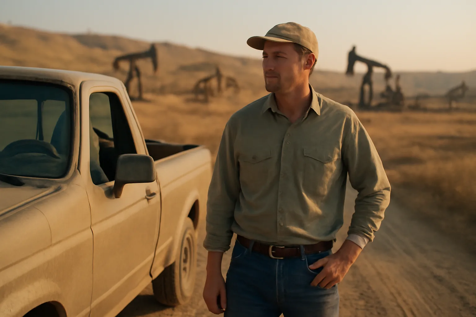 Landman beside a truck overlooking Kern County oilfield leases