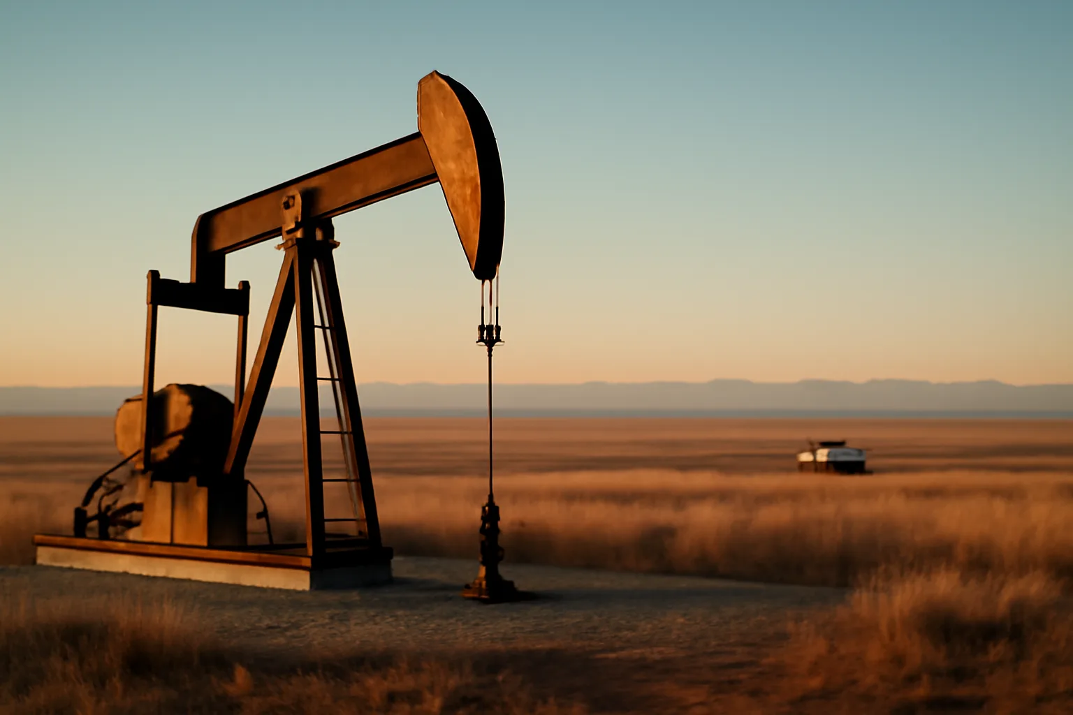 Pump jack at sunrise on Colorado grassland used in landman work