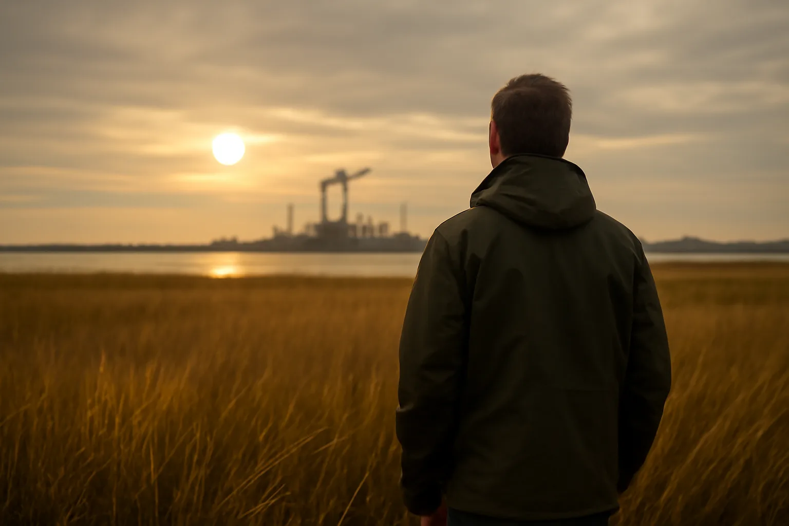 Field worker on a Delaware marsh weighing landman cost nearby