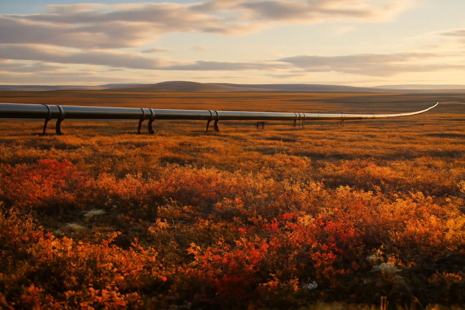 Alaska North Slope tundra with pipeline infrastructure under golden-hour light