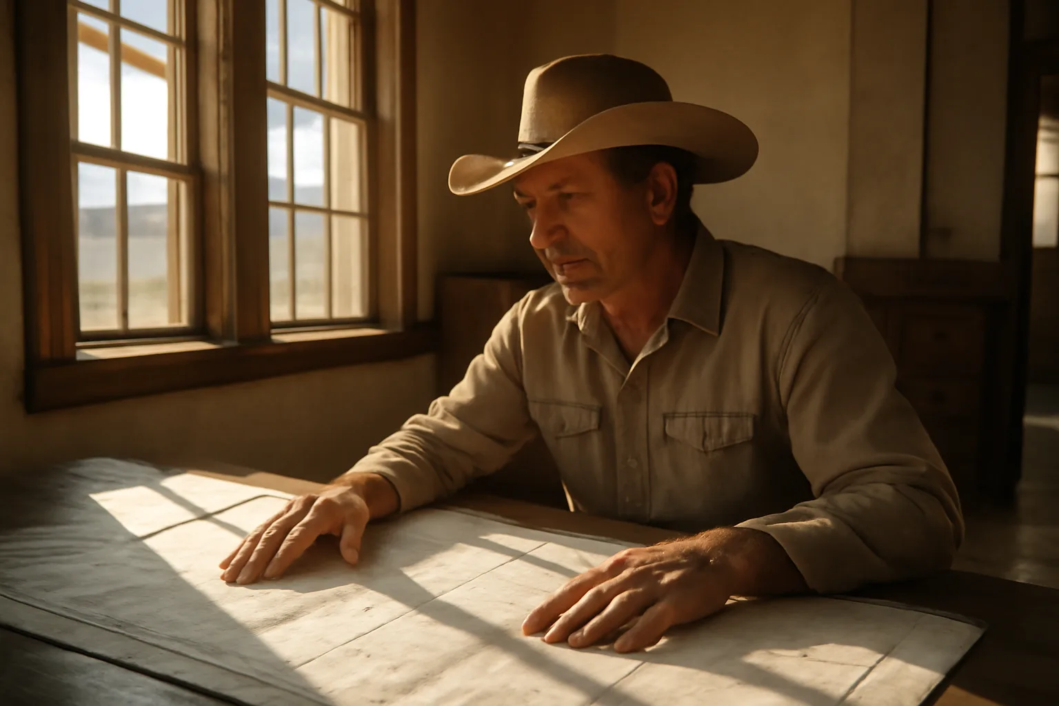 Landman reviewing survey plat maps at a county recorder office in Arizona