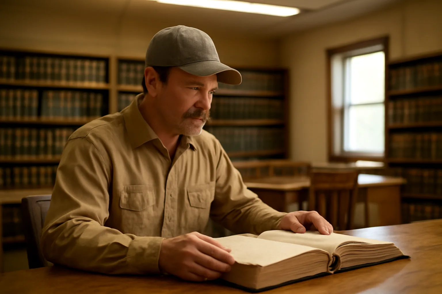 Landman reviewing deed records at a county courthouse table in Arkansas
