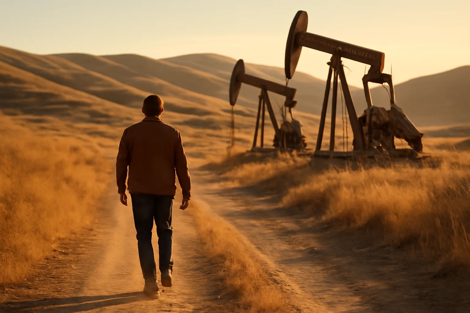 Field worker walking toward pumpjacks in California oil country hills