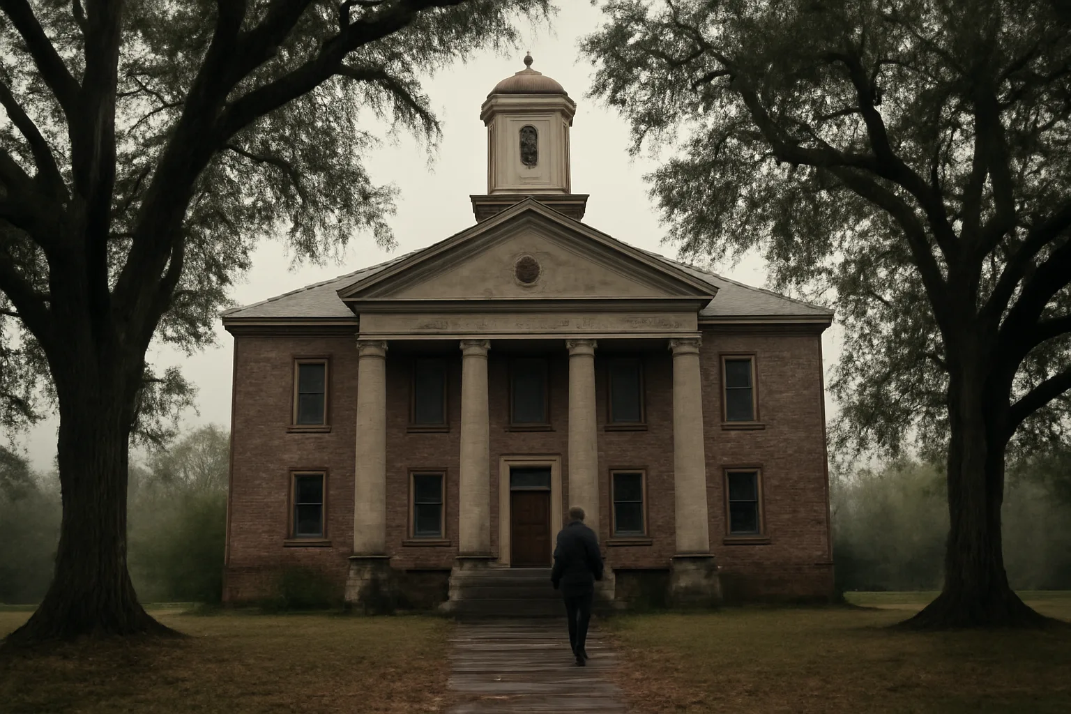 Rural Alabama county courthouse exterior with person climbing stone steps, landman context