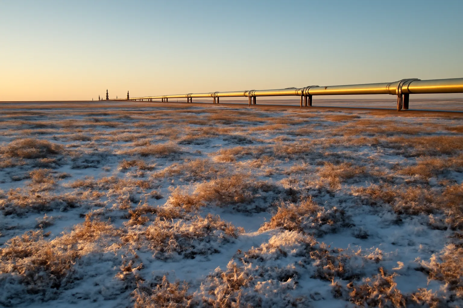 Alaska North Slope tundra with distant pipeline infrastructure under winter light