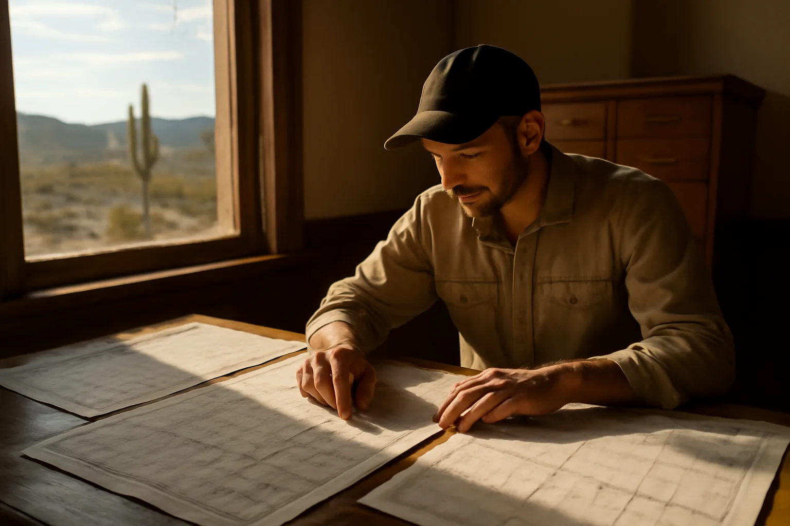 Landman reviewing mineral survey maps at an Arizona county recorder office