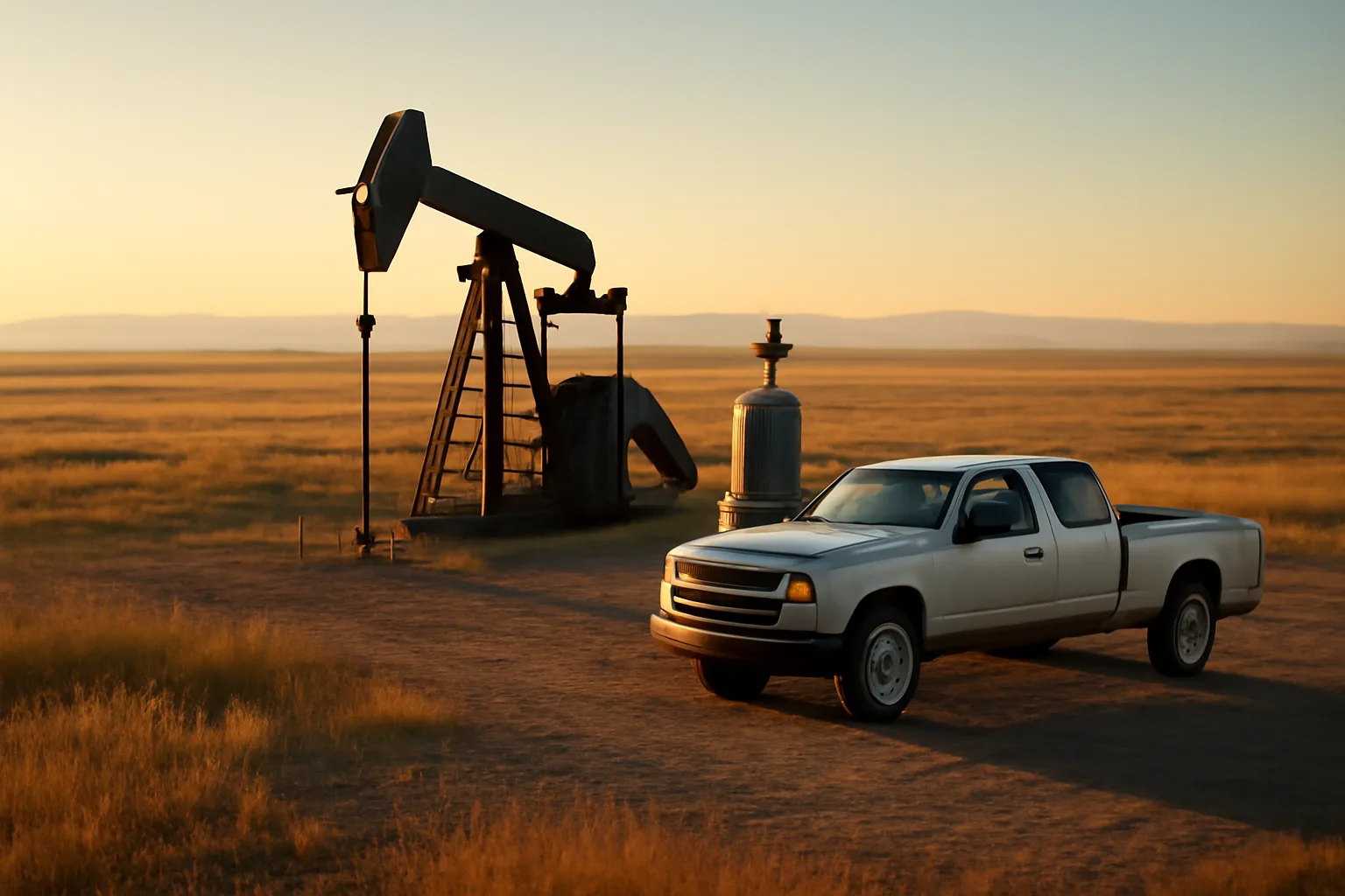 Pump jack on a Weld County Colorado pad at dawn