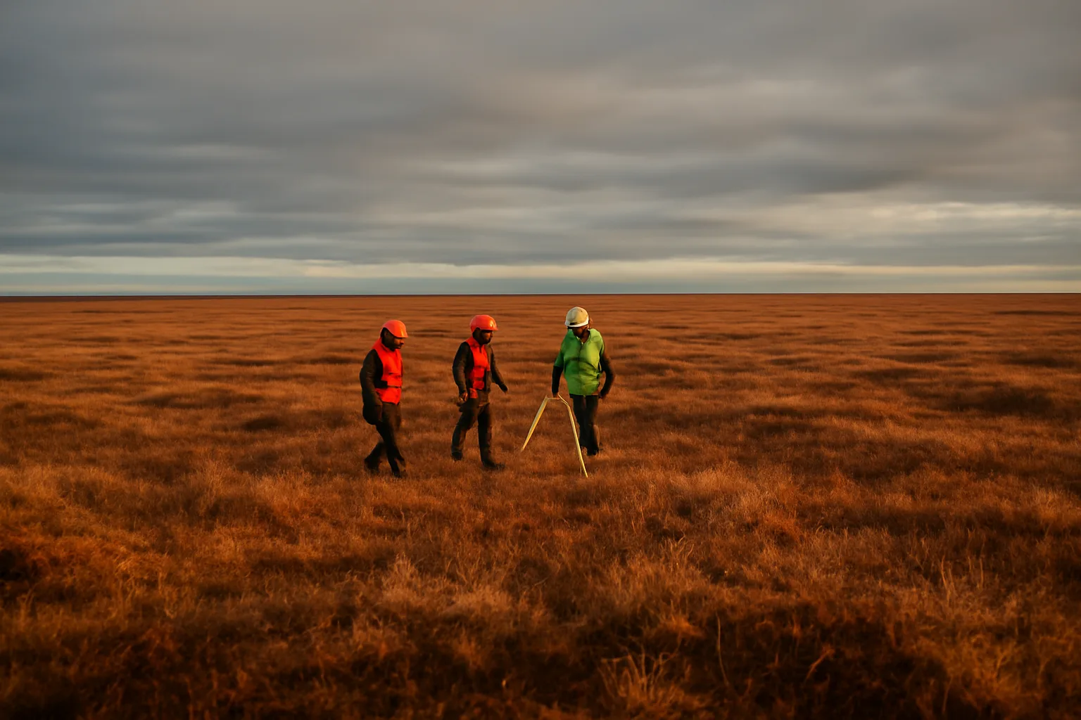 Survey crew walking Alaska North Slope tundra at golden hour for oil and gas landman work