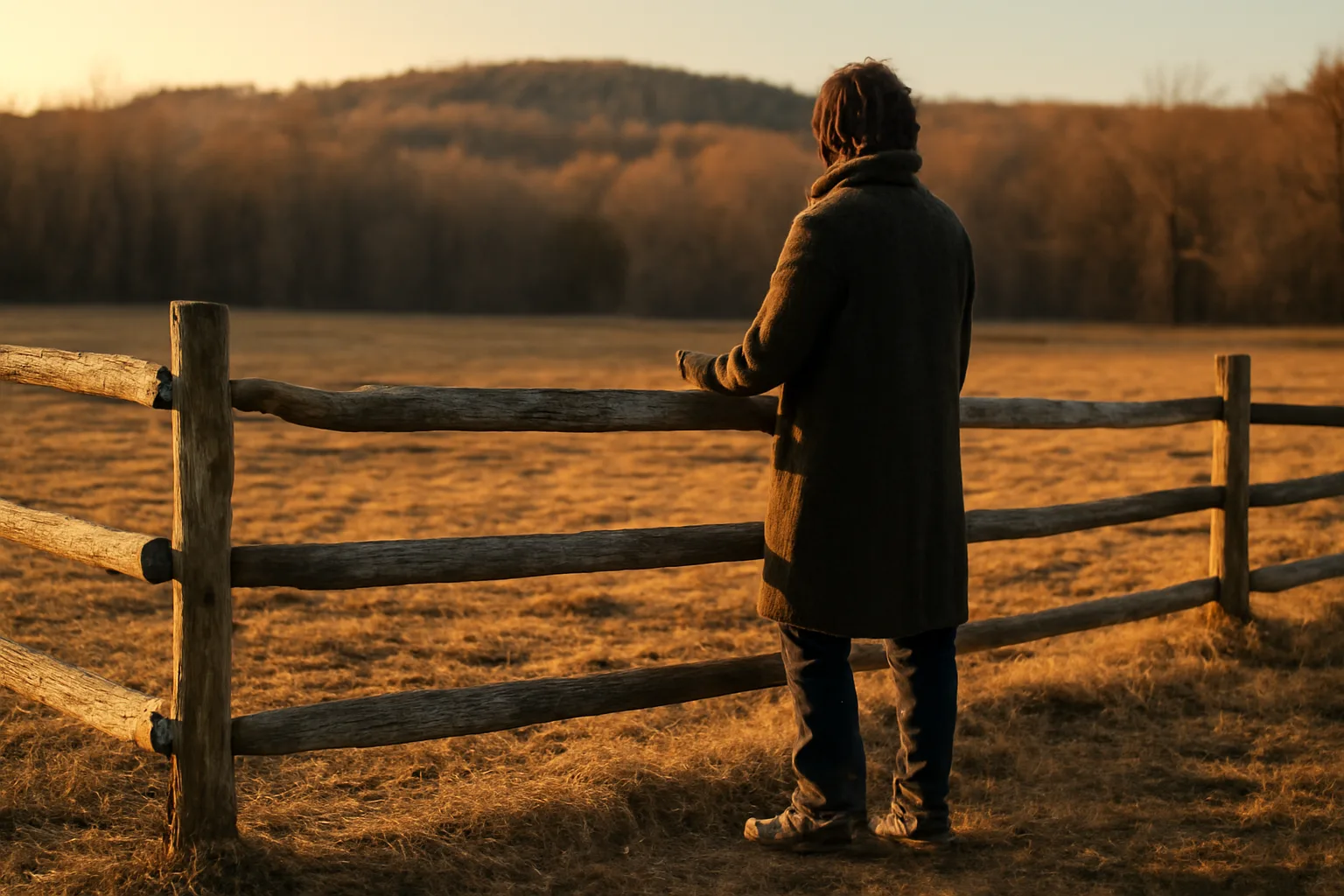Landman looking across a Connecticut pasture from a wooden fence