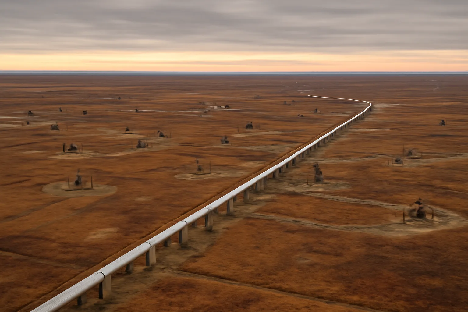 Aerial view of Alaska Arctic tundra oil field with pipeline corridor at dusk