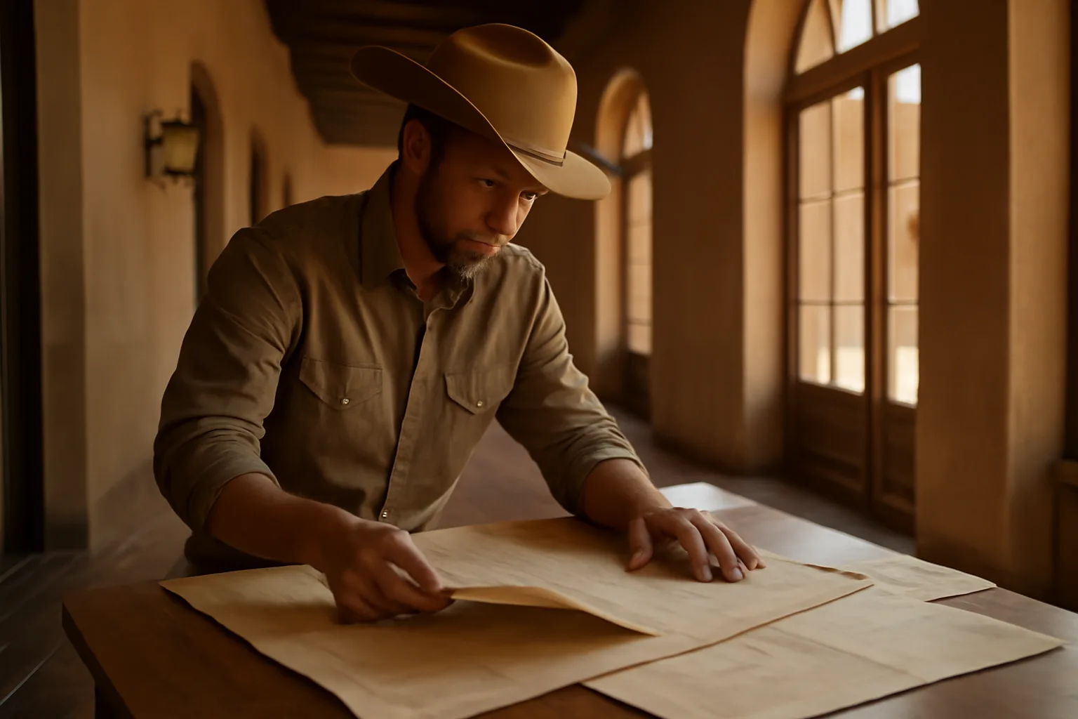 Landman reviewing paper land records in an Arizona county courthouse hallway
