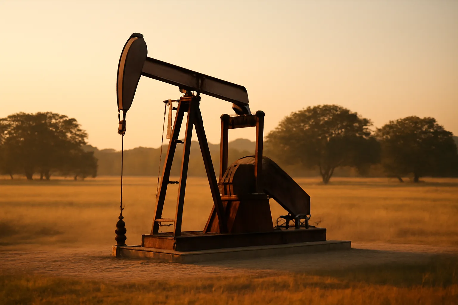 Pumpjack in an Arkansas pasture at late afternoon near oaks