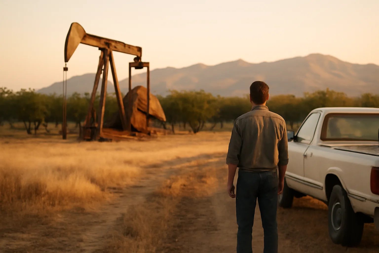 Landman standing near pump jacks in a California field