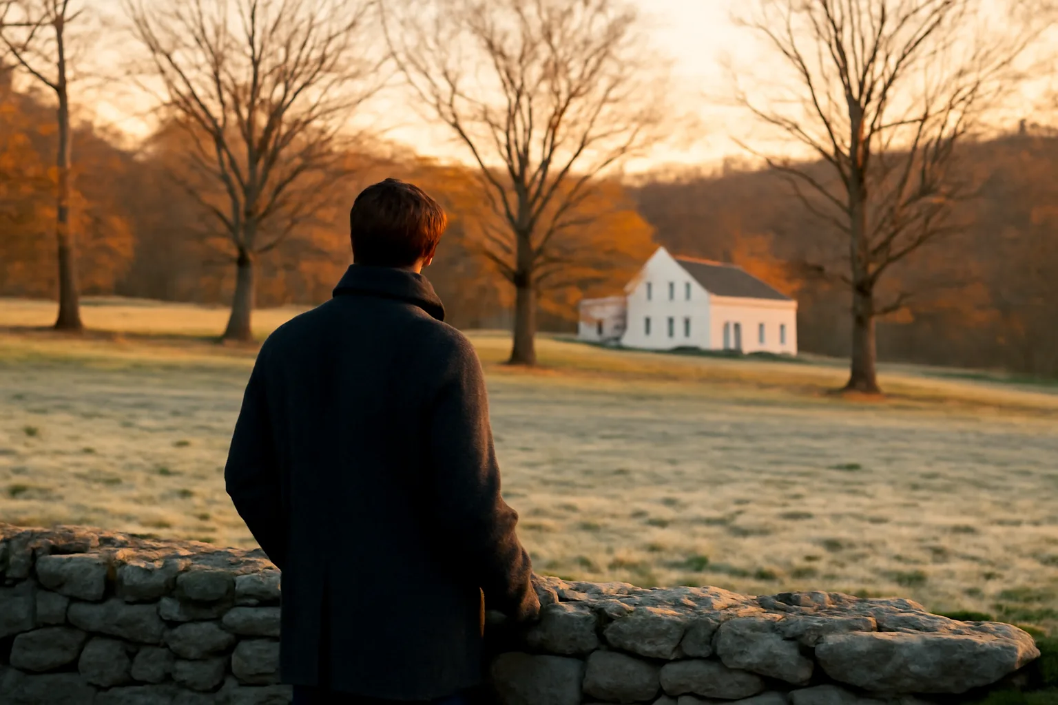 Landman by a Connecticut stone wall overlooking pasture at dusk