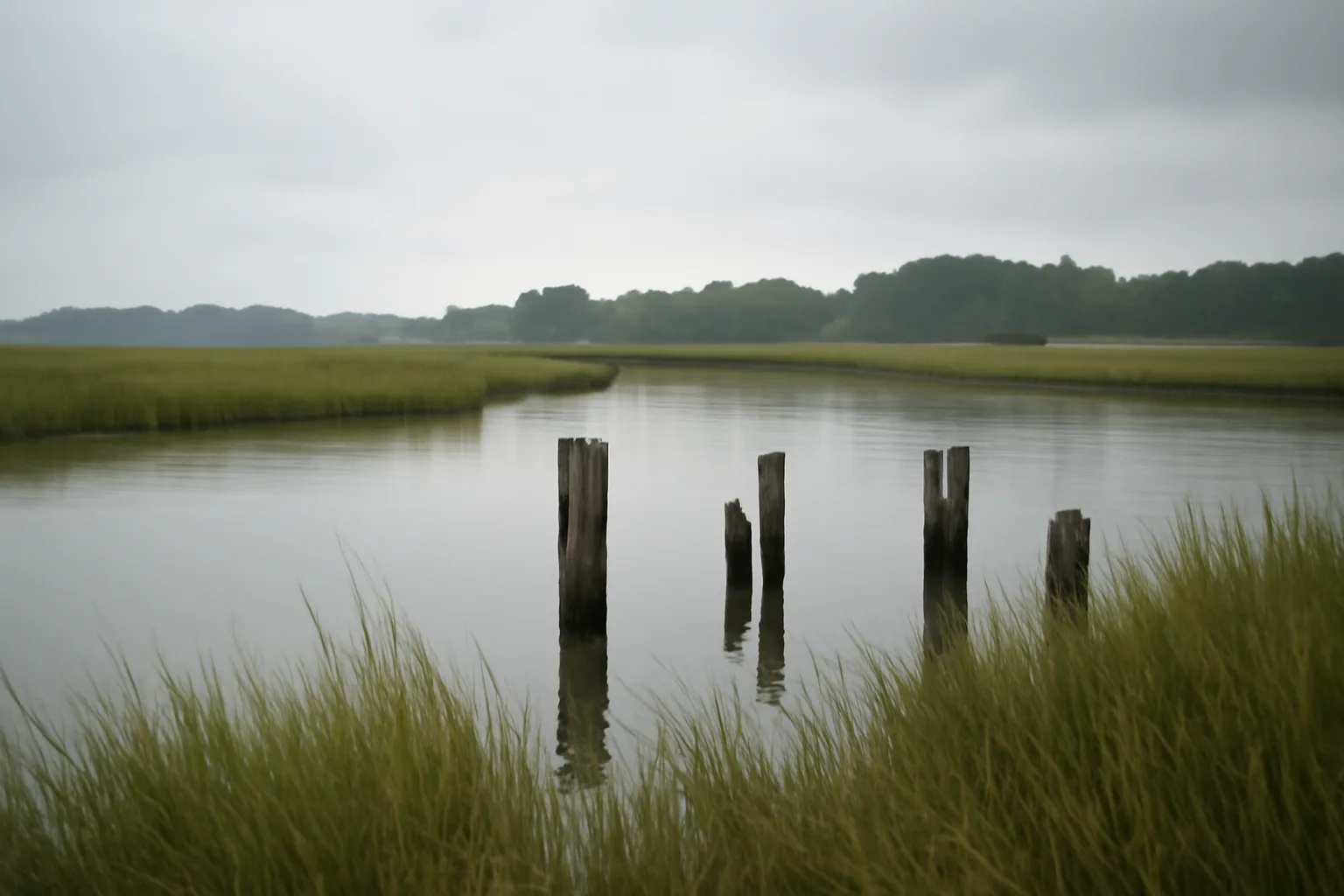 Overcast Delaware Bay marsh where coastal land title work begins