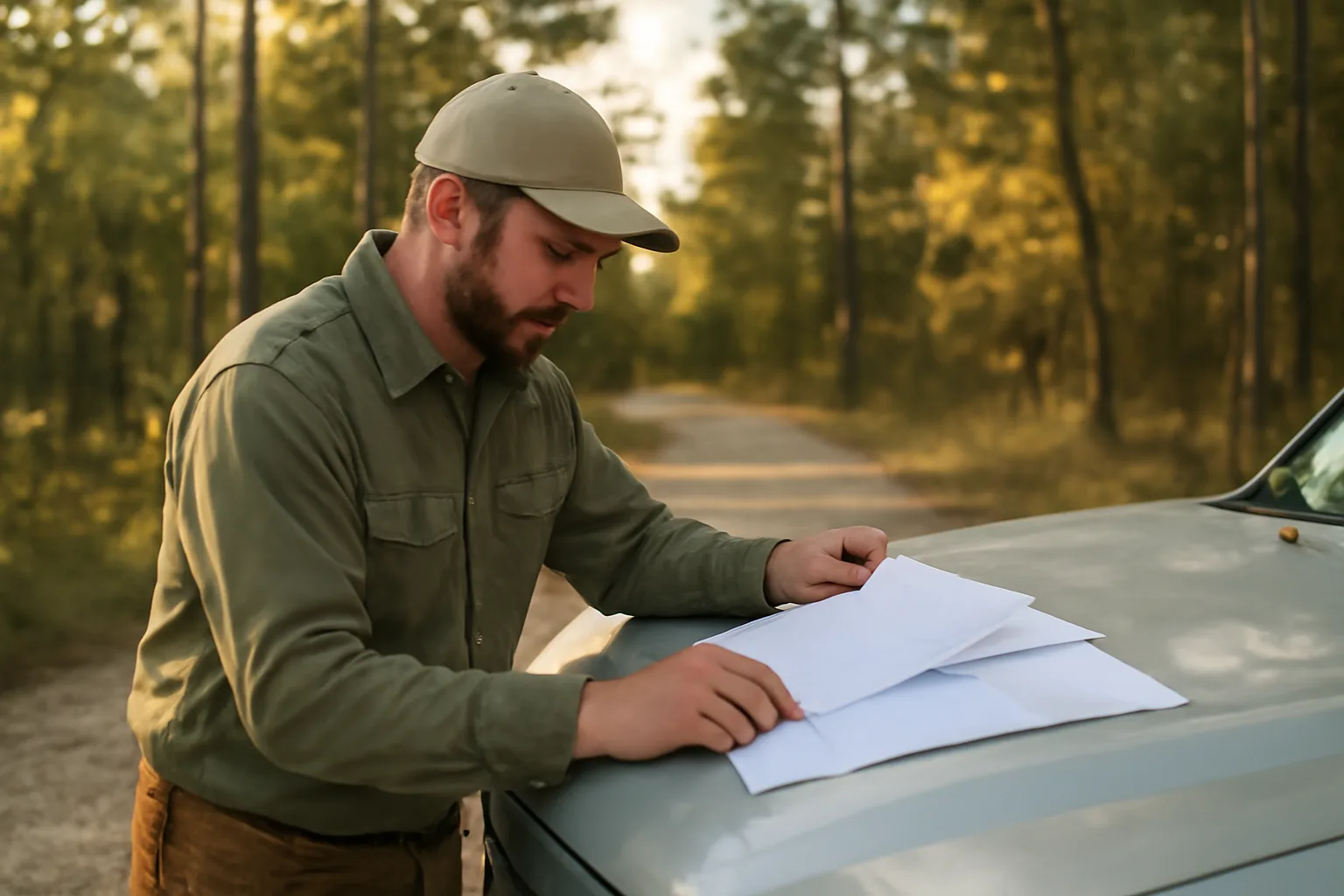 Landman reviewing paper documents on truck hood in Alabama forest road