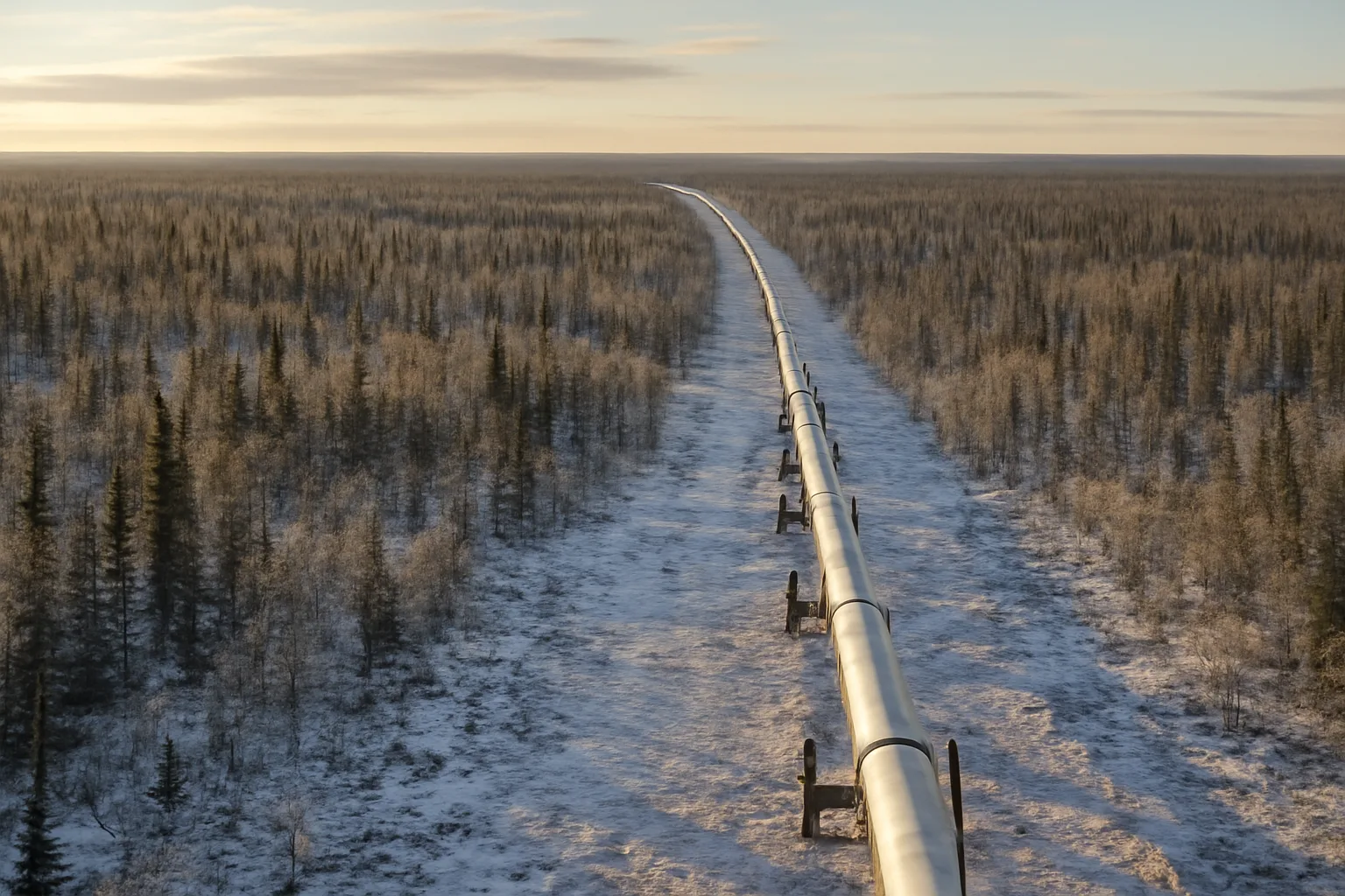 Aerial view of an Alaska North Slope pipeline corridor through boreal forest in winter