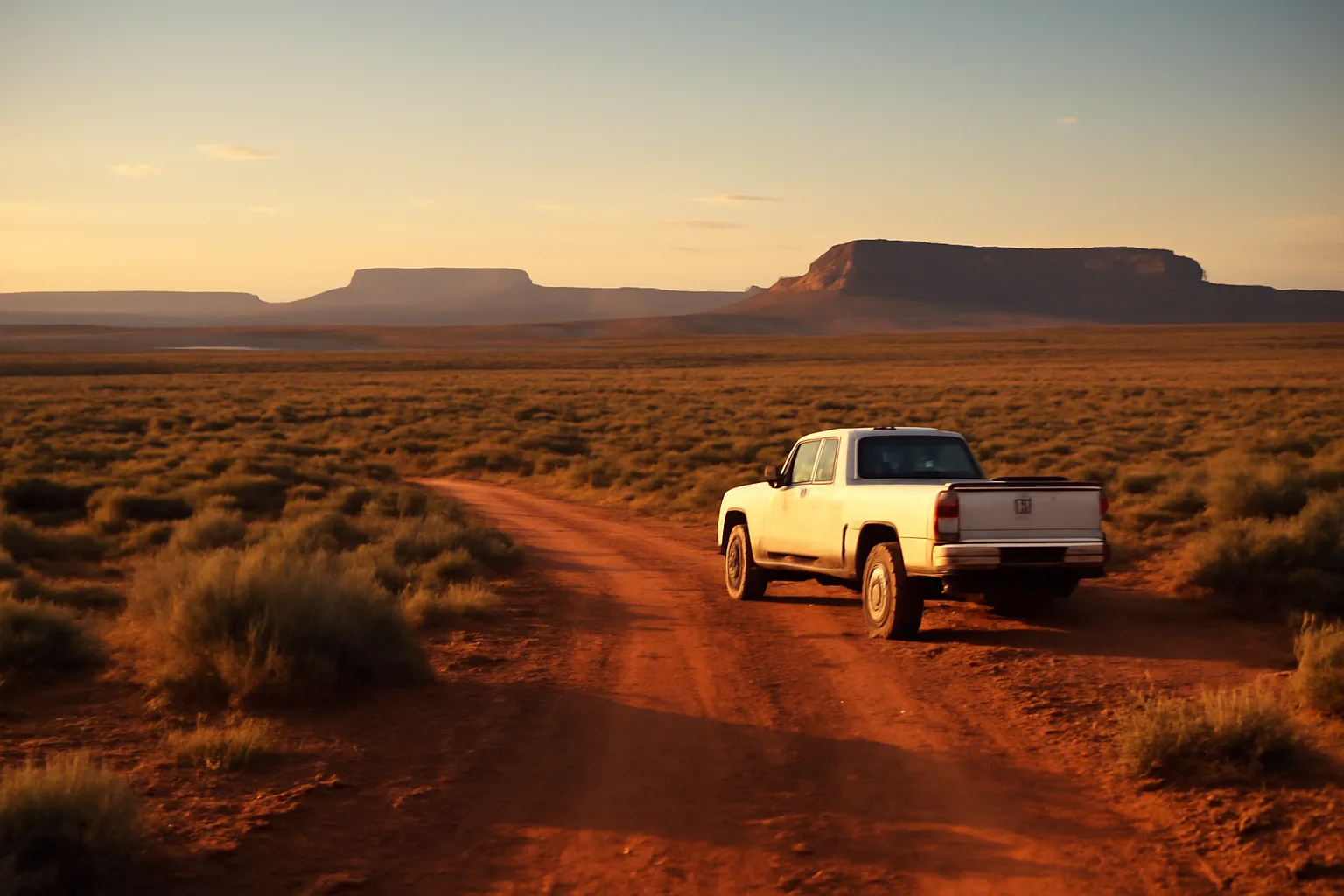 Arizona desert landscape at sunset with pickup truck on dirt road, landman territory