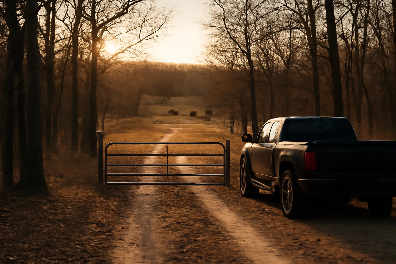 Winter oak woods and a closed gate on an Arkansas landman route